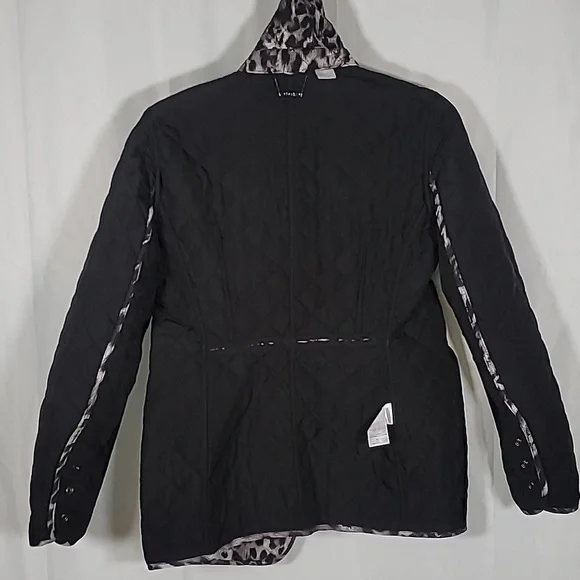 Chico's Size 0 Quilted Snow Leopard Jacket Black Animal Print Winter - Picture 6 of 9